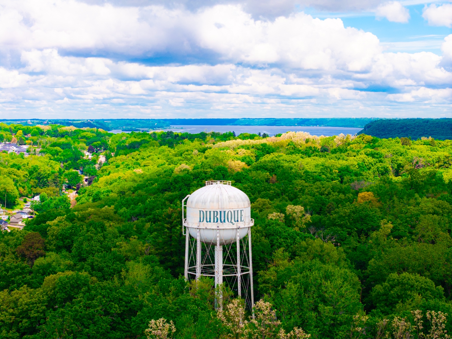 Aerial view of Dubuque, Iowa neighborhoods and bluffs